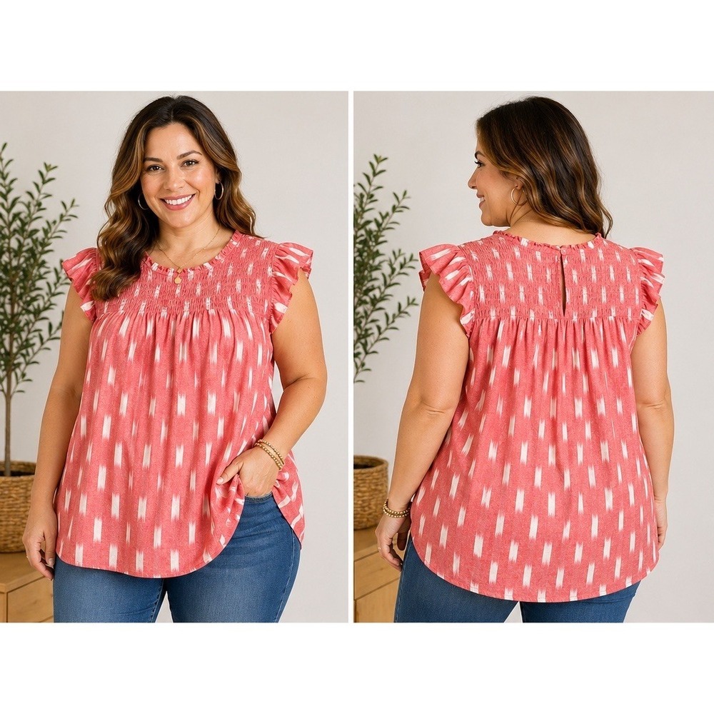 Crown & Ivy Coral Ikat Print Tunic‎ Top Women's 3X Smocked Ruffle Sleeve 0277